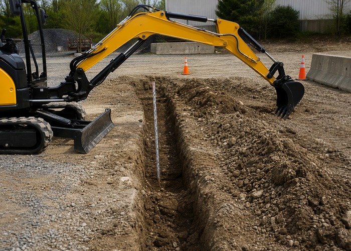Mini excavator depth and reach check Mini excavator bucket and trench depth check on a compact property jobsite