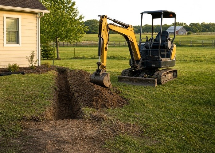 Mini excavator cleanup stage after trench work Mini excavator parked safely after trenching and cleanup on a small property job