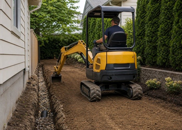 Mini excavator tight access finish grading Mini excavator finishing a tight access landscaping trench after size selection