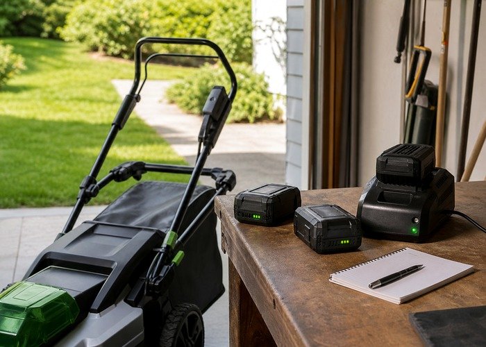 Electric lawn mower battery runtime planning Electric lawn mower battery packs and charger prepared for runtime planning