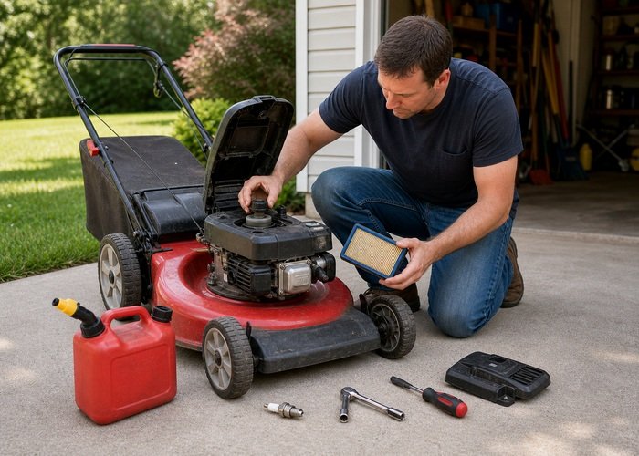 Lawn mower fuel and engine troubleshooting Lawn mower engine area for fuel air and spark troubleshooting