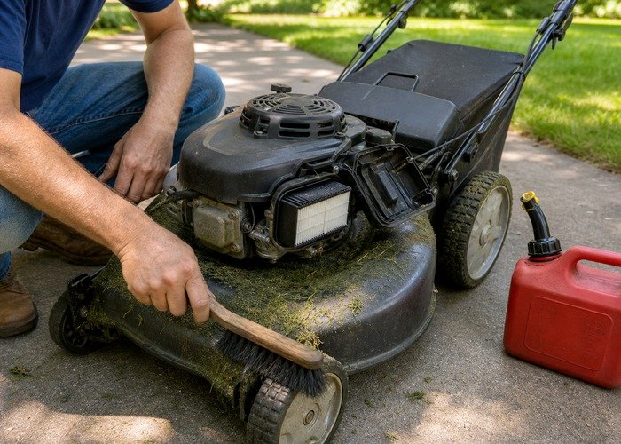 Gas lawn mower maintenance after mowing Gas lawn mower deck and engine area being cleaned after mowing