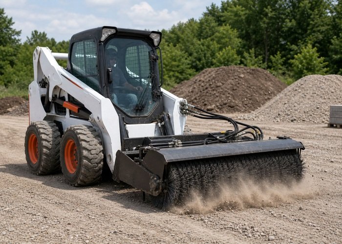 Skid steer attachment work and hydraulic planning Skid steer loader using an attachment in a compact work area