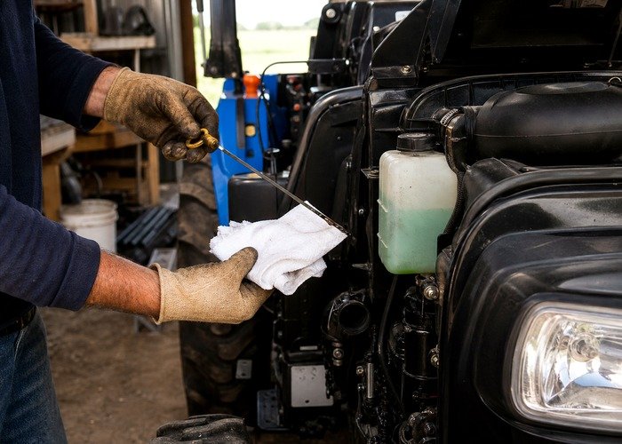 Compact tractor daily fluid inspection Compact tractor engine oil and coolant check during daily maintenance