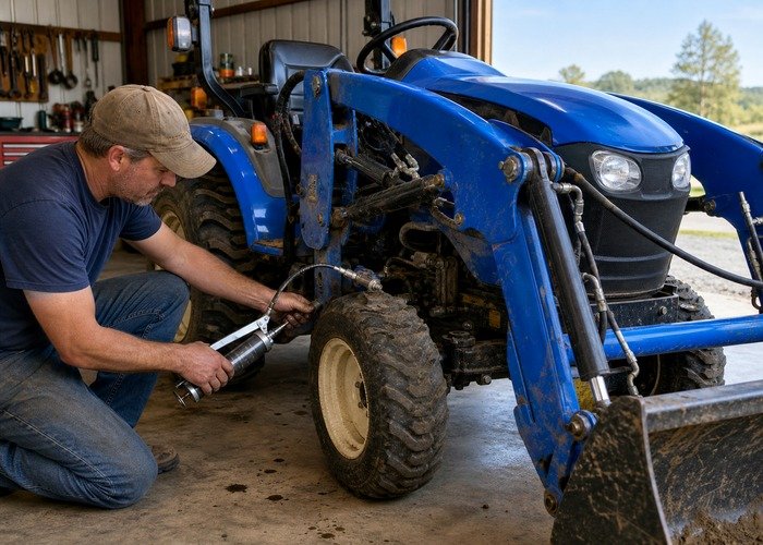 Compact tractor loader grease point maintenance Compact tractor loader pivot pins being greased during hour-based service