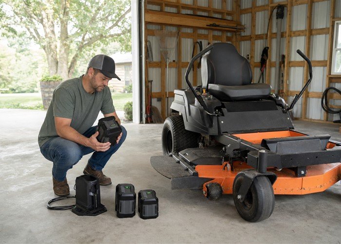 Homeowner inspecting battery packs charger and deck on an electric zero turn mower Homeowner inspecting battery packs charger and deck on an electric zero turn mower