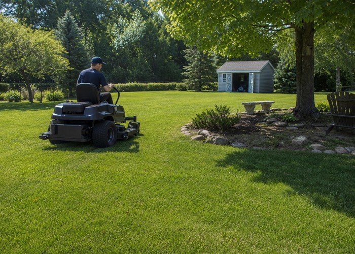 Electric zero turn mower finishing a large residential lawn around trees and obstacles Electric zero turn mower finishing a large residential lawn around trees and obstacles