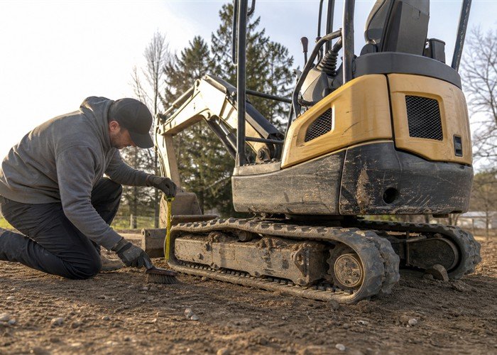 Operator measuring mini excavator rubber track sag and cleaning the undercarriage Operator measuring mini excavator rubber track sag and cleaning the undercarriage