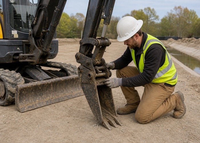 Operator inspecting mini excavator trenching bucket teeth pins and quick coupler Operator inspecting mini excavator trenching bucket teeth pins and quick coupler