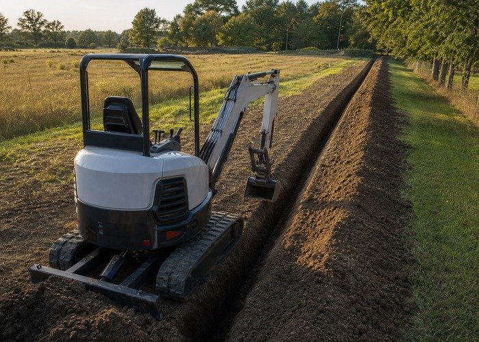 Mini excavator using a narrow trenching bucket on a controlled drainage project Mini excavator using a narrow trenching bucket on a controlled drainage project