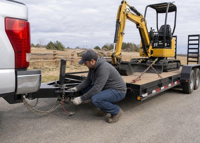 Pre-trip inspection of the tow hitch safety chains and breakaway cable with a secured mini excavator Pre-trip inspection of the tow hitch safety chains and breakaway cable with a secured mini excavator