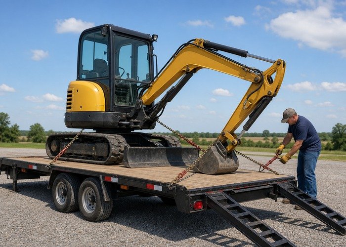 Operator checking rated chains and binders securing a mini excavator to an equipment trailer Operator checking rated chains and binders securing a mini excavator to an equipment trailer