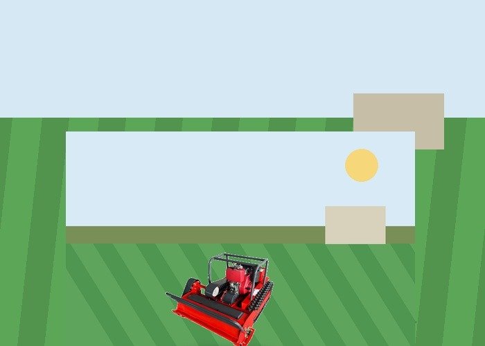 Lawn mower route planning for slopes and uneven ground Lawn mowing route planned across a broad property with sloped and level zones