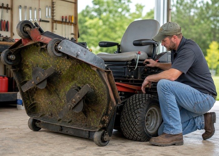 Lawn mower deck and tire inspection for uneven ground Operator inspecting lawn mower deck and tires before cutting uneven ground