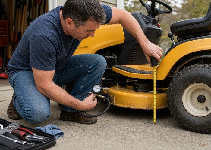Owner checking riding mower tire pressure and measuring deck height before adjusting the deck Owner checking riding mower tire pressure and measuring deck height before adjusting the deck