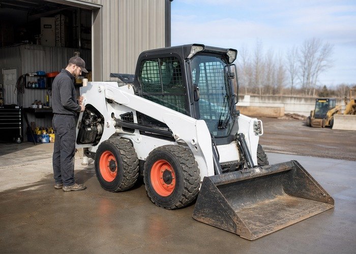 Technician inspecting skid steer hydraulic hoses quick coupler and grease points Technician inspecting skid steer hydraulic hoses quick coupler and grease points