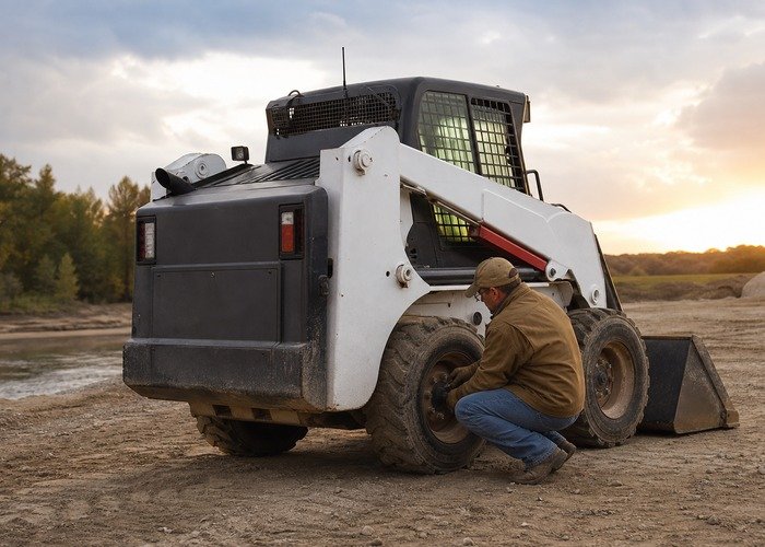 Technician checking skid steer tires wheel fasteners and cooling screens after dusty work Technician checking skid steer tires wheel fasteners and cooling screens after dusty work