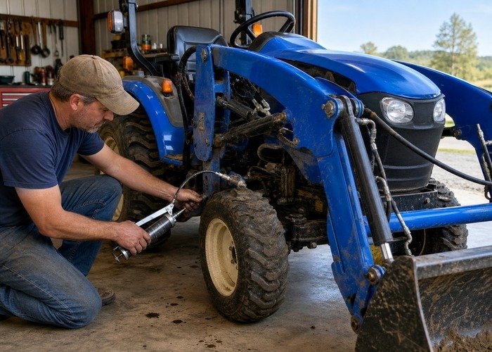 Tractor loader pivot pin lubrication and inspection Operator greasing compact tractor loader pivot pins during scheduled inspection