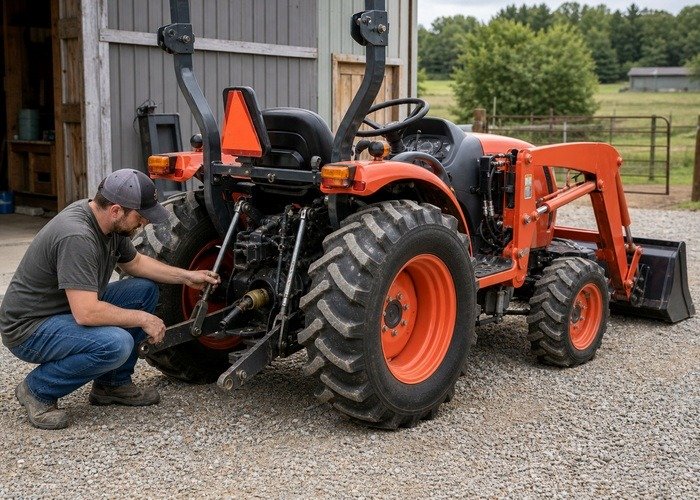 Compact tractor loader pre-work inspection Operator inspecting compact tractor loader mounting points and rear hitch before lifting work