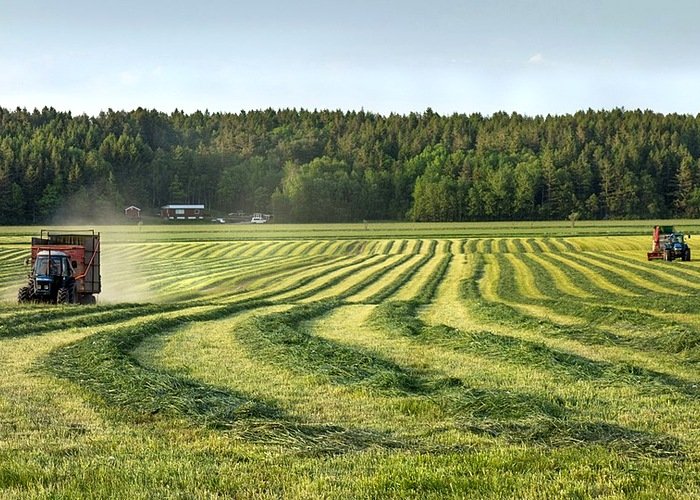 Tractor workload and small farm material handling Tractor working on a farm field with material handling and small farm maintenance context