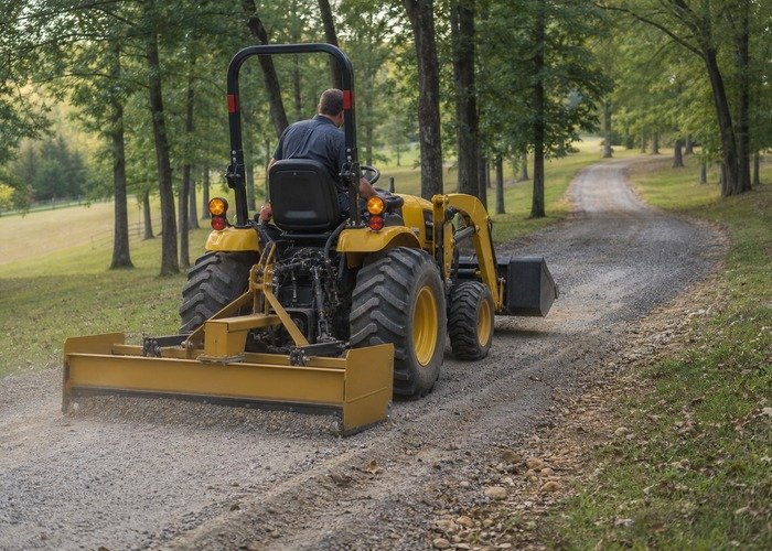 Compact tractor grading a rural gravel driveway with the loader bucket carried low Compact tractor grading a rural gravel driveway with the loader bucket carried low