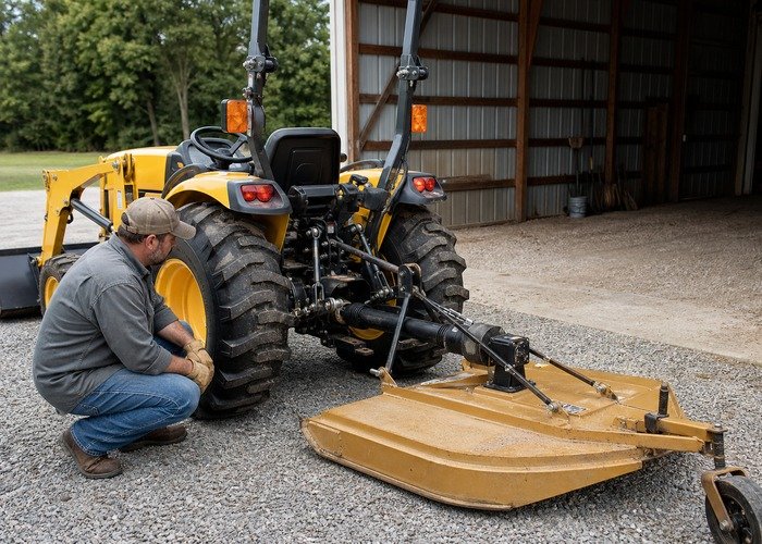 Owner safely inspecting the guarded PTO connection on a parked compact tractor before rotary mowing Owner safely inspecting the guarded PTO connection on a parked compact tractor before rotary mowing