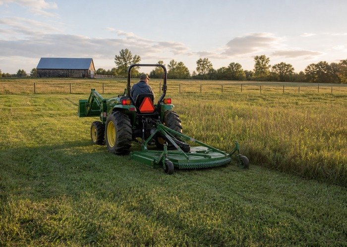 Compact tractor using a rotary cutter on rural acreage with other task attachments parked safely Compact tractor using a rotary cutter on rural acreage with other task attachments parked safely
