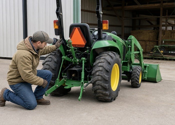 Operator inspecting tractor PTO hitch tires and loader pins before selecting tractor size Operator inspecting tractor PTO hitch tires and loader pins before selecting tractor size
