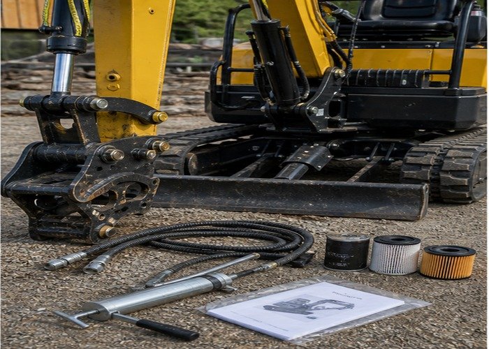 Hydraulic hoses filters grease gun and manual laid out beside a mini excavator for purchase inspection