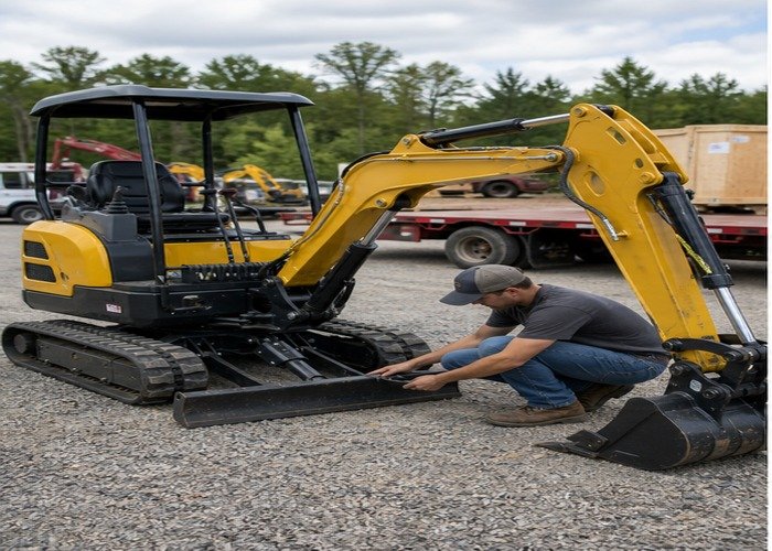 Buyer inspecting bucket pins and track condition on a compact mini excavator in a delivery yard