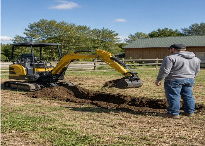 Mini excavator digging a shallow rural property trench while the owner observes from a safe distance