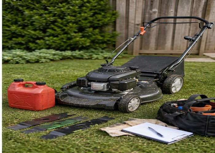 Walk-behind mower with spare blades fuel can and maintenance notebook after a service route