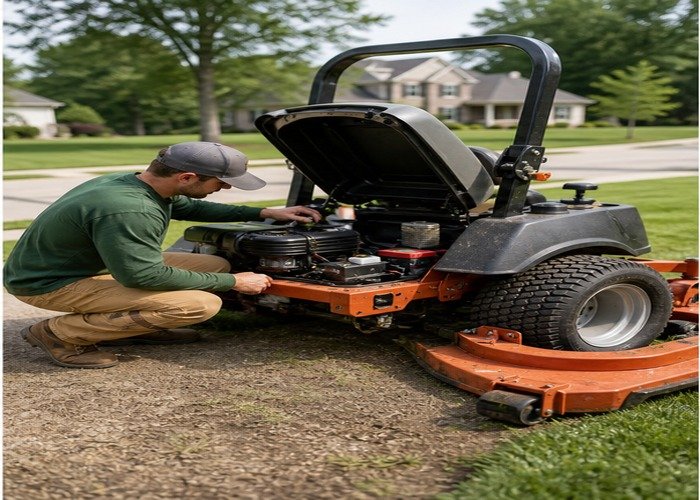 Operator checking a commercial riding mower engine and deck before a residential mowing job