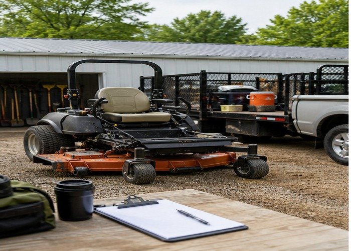 Commercial mower parked beside a work truck and route clipboard at a landscaping yard