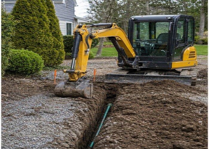 Mini excavator digging a small utility trench on a residential jobsite with safe clearance