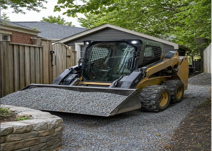 Compact skid steer carrying gravel through a tight residential access path