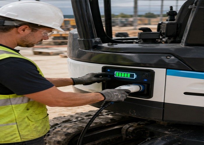 Operator checking battery charge and cable connection on an electric mini excavator Operator checking battery charge and cable connection on an electric mini excavator