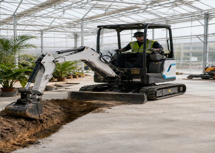 Electric mini excavator digging a shallow trench inside a greenhouse work area Electric mini excavator digging a shallow trench inside a greenhouse work area
