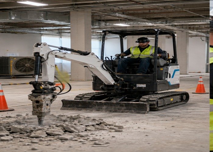 Electric mini excavator breaking a concrete floor inside a controlled renovation site