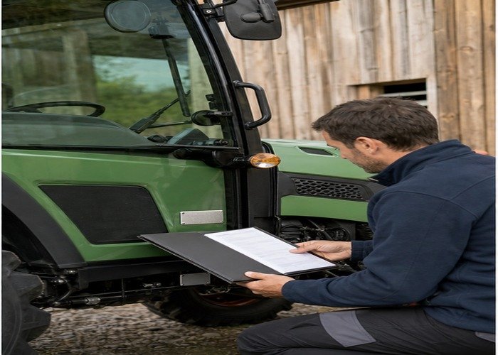 Owner checking non-readable tractor compliance documents beside the identification plate area