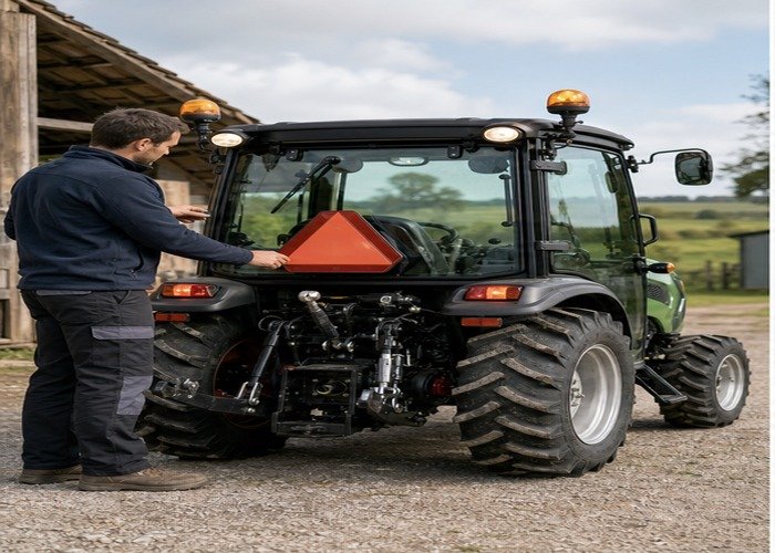 Compact tractor with road lights mirrors reflectors and warning triangle checked before travel