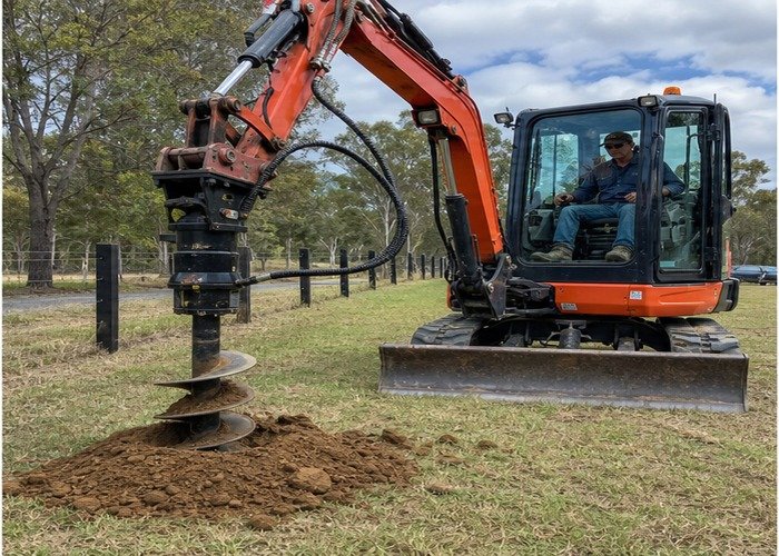 Mini excavator hydraulic auger drilling a vertical fence post hole with spoil beside it Mini excavator hydraulic auger drilling a vertical fence post hole with spoil beside it