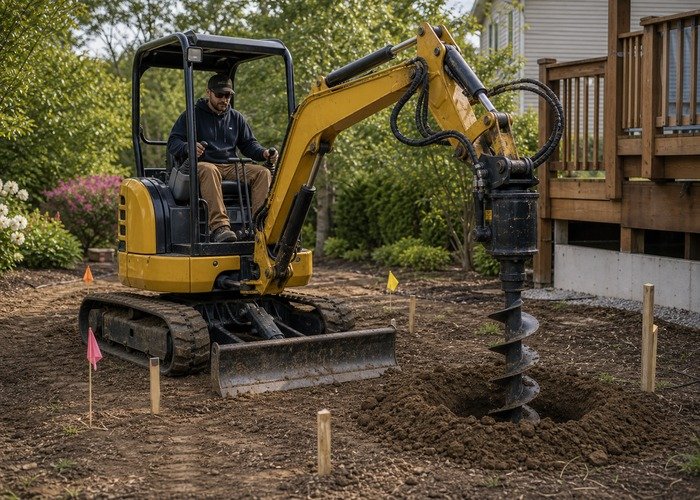 Mini excavator auger drilling a footing hole Mini excavator auger drilling a clean footing hole in compact soil