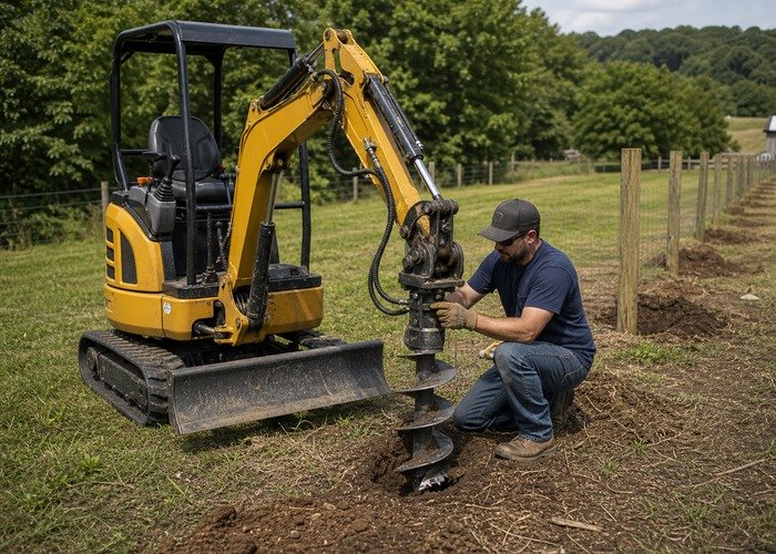 Checking auger teeth and hoses before drilling Operator checking mini excavator auger bit teeth and hydraulic hoses before drilling