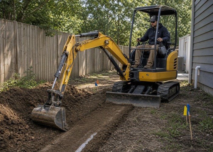 Mini excavator grading bucket backfilling a trench Mini excavator using a grading bucket to feather backfill over a shallow trench