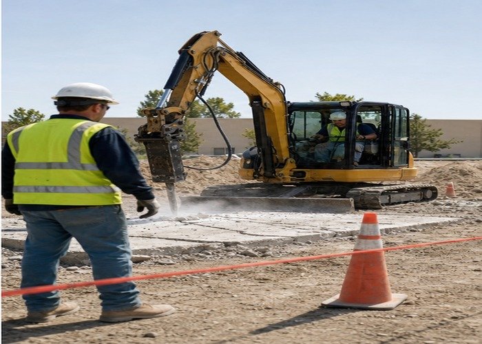 Mini excavator breaking concrete with a ground worker outside the exclusion zone Mini excavator breaking concrete with a ground worker outside the exclusion zone