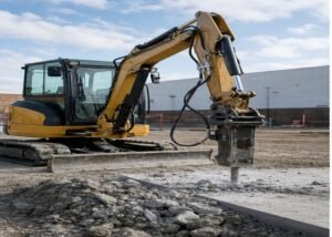 Mini excavator with hydraulic breaker positioned over a concrete slab