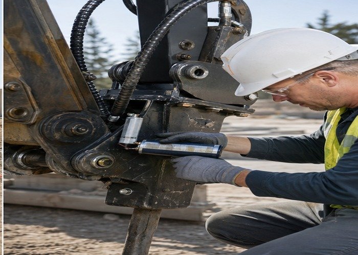 Technician checking hydraulic breaker hoses couplers and grease before work Technician checking hydraulic breaker hoses couplers and grease before work