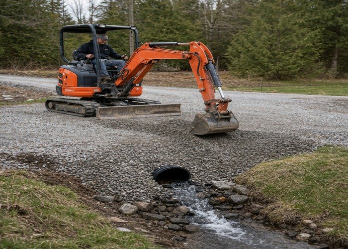 Mini excavator shaping gravel around a culvert inlet with water flow visible Mini excavator shaping gravel around a culvert inlet with water flow visible