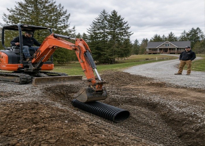 Mini excavator placing a corrugated drainage pipe with a spotter outside the swing radius Mini excavator placing a corrugated drainage pipe with a spotter outside the swing radius